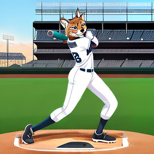 PROMPT lynx female furry, anthropomorphic, fursona, (((furry))), (setting is baseball field), (background is the stands and crowd), all white uniform, blue eyes, (batting), (holding baseball bat)