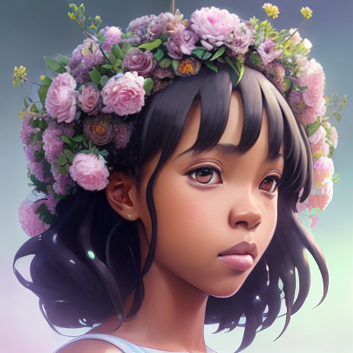 PROMPT Closeup face portrait of a black girl wearing crown of flowers, smooth soft skin, big dreamy eyes, beautiful intricate colored hair, symmetrical, anime wide eyes, soft lighting, detailed face, by makoto shinkai, stanley artgerm lau, wlop, rossdraws