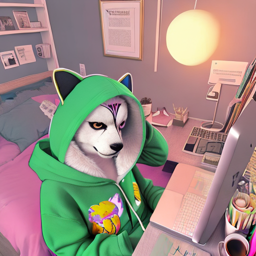 PROMPT ram furry, fursona, anthro, anthropomorphic, (studying at a desk), hoodie, sweatpants, (setting is a colorful bedroom) , upper left angle