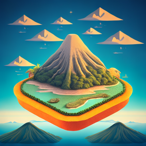 The prompt: 100mm photo of isometric floating island in the sky, surreal volcano, intricate, high detail, behance, microworlds smooth, macro sharp focus, centered