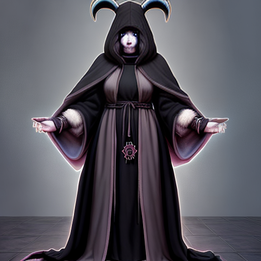 PROMPT ram female furry, fursona, anthro, anthropomorphic, (standing ominously), robes, cloaked in robes, dark robes, (setting is an underground cult ritual),