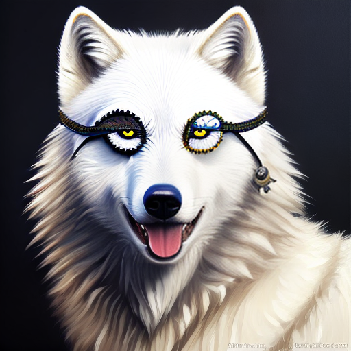 PROMPT A white wolf wearing an eyepatch, portrait, very detailed, artstation, award winning masterpiece, colourful, oil painting