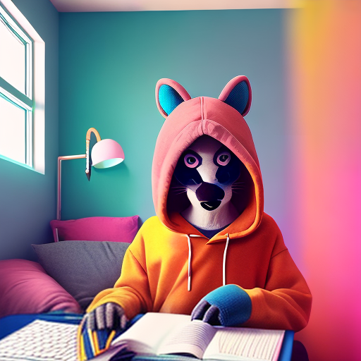 PROMPT ram furry, fursona, anthro, anthropomorphic, (studying at a desk), hoodie, sweatpants, (setting is a colorful bedroom) , upper left angle