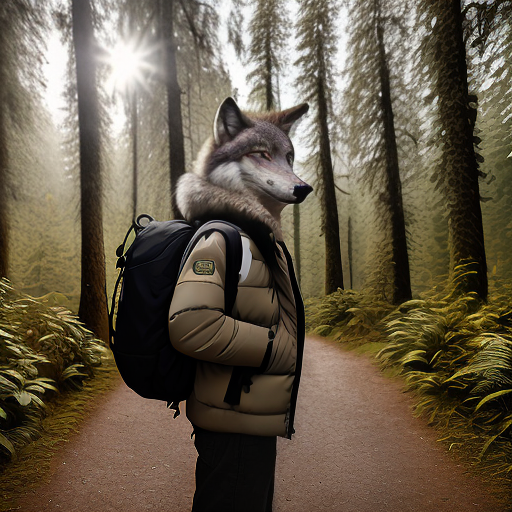 PROMPT furry, fursona, anthro, wolf male, anthropomorphic, clothed, puffy jacket, backpack, (subject on the left), (background is forest hiking trail), (( far from camera))