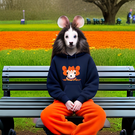 PROMPT Furry, mouse female furry, anthro, fursona, anthropomorphic, flower field, fully clothed, baggy red-orange sweatshirt, baggy blue pants, black undershirt, (sitting on a park bench), long flowy hair