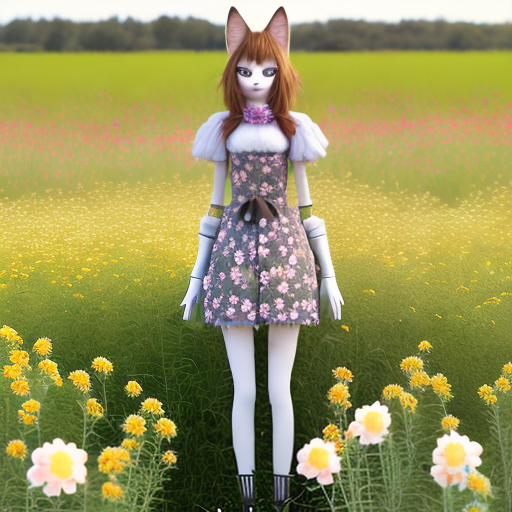 PROMPT Furry, cat female furry, anthro, fursona, anthropomorphic, (standing in field of waist tall flowers)