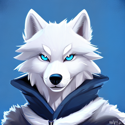 PROMPT furry ( fandom ) art of a cute anthropomorphic white wolf with blue accents and blue eyes, digital art, painting, trending on furaffinity, stylised, adorable