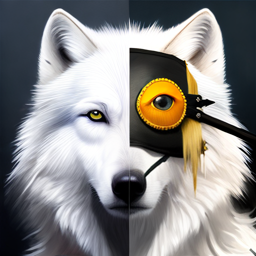 PROMPT A white wolf wearing an eyepatch, portrait, very detailed, artstation, award winning masterpiece, colourful, oil painting
