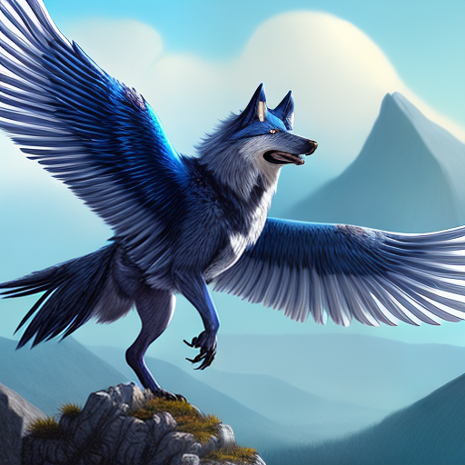 PROMPT Blue feathered wolf with wings on a beautiful fantasy landscape, hills, mountains, HD, post processing, ultra detailed, trending on artstation, elegant, highly detailed, digital painting, concept art, smooth, sharp focus, illustration