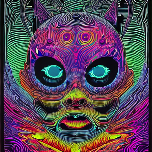 The prompt: Hypnotic illustration of a Halloween pumpkin, hypnotic psychedelic art by Dan Mumford, pop surrealism, dark glow neon paint, mystical, Behance
