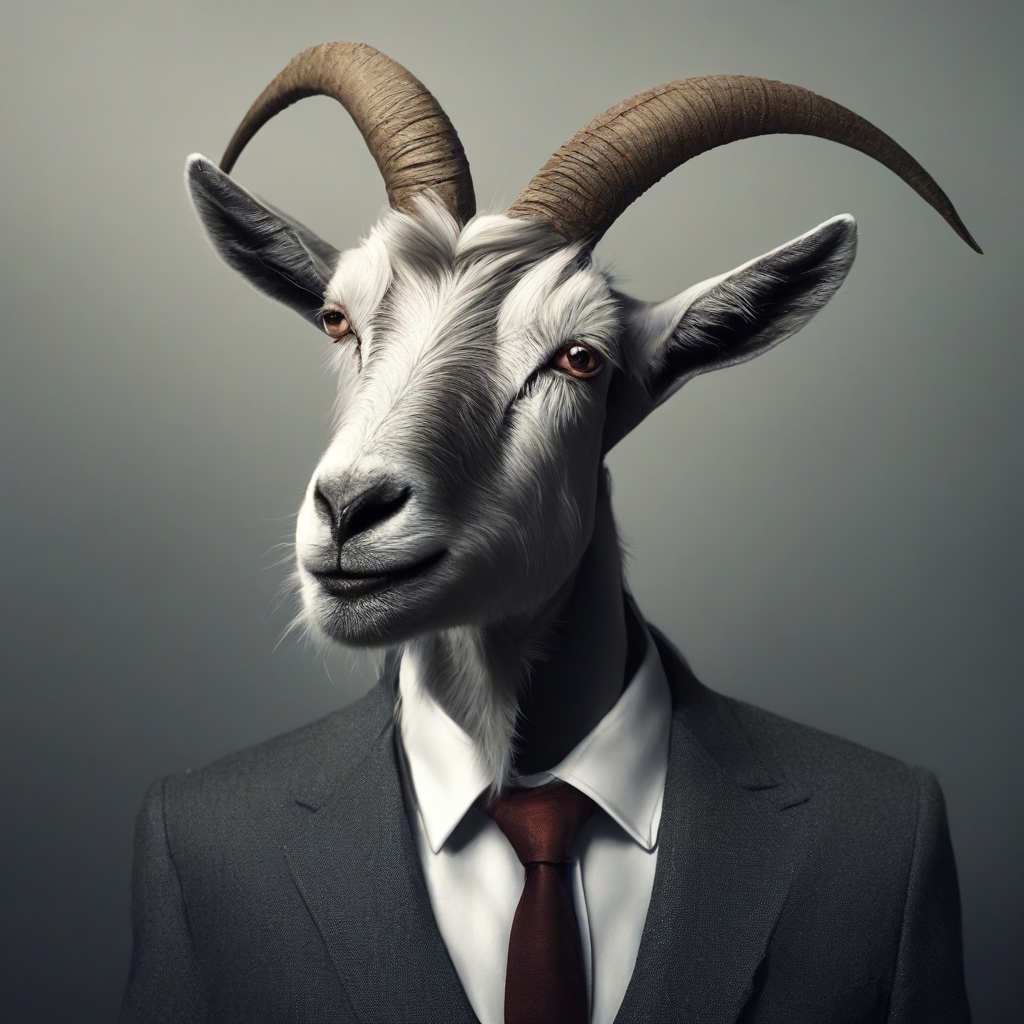 a goat wearing a suit, a dark studio