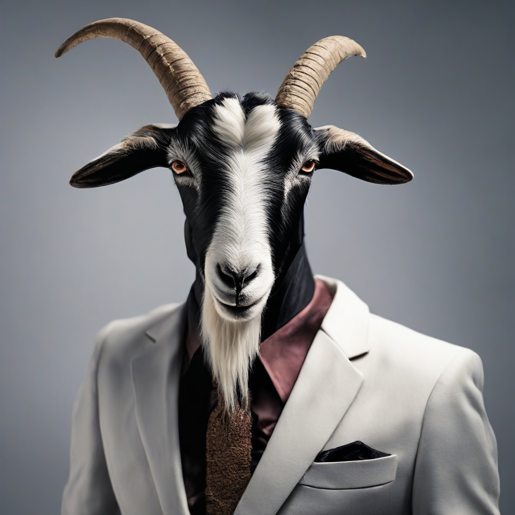 a goat wearing a suit, a dark studio